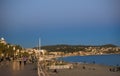 View over the promenade and the beach of Nice on the Cote d`Azur at dusk Royalty Free Stock Photo