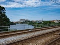 View over rail tracks to Ave River, Vila do Conde, Portugal Royalty Free Stock Photo