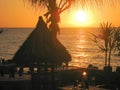 View over restaurant terrace with palm tree and hut with thatched roof on golden sunset over the ocean Royalty Free Stock Photo