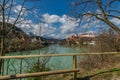 View over the river Lech in the city Fuessen and the alp mountains in the background at an wonderful day with a blue sky