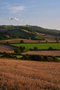 View over rolling english countryside at sunset in summer under blue sky with one cloud Royalty Free Stock Photo