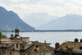 View over roofs in Montreux at Geneva lake on the Alps