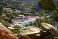 View over sandy colorful beach of little village Cavoli