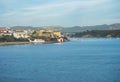 View over the sea on Vila Nova de Milfontes with Praia da Franquia sand beach, mouth of Mira river, Forte de Milfontes Royalty Free Stock Photo