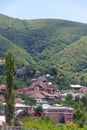 View over Sheki Shaki city and the Greater Caucasus mountains in Azerbaijan. Nature of Azerbaijan Royalty Free Stock Photo