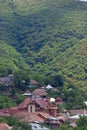 View over Sheki Shaki city and the Greater Caucasus mountains in Azerbaijan. Nature of Azerbaijan Royalty Free Stock Photo