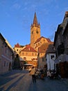 View over Sibiu streets in Romania at sunset