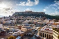 View over the snow covered old town Plaka of Athens, Greece Royalty Free Stock Photo