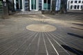 View over square with circle and symmetrical lines on Gehry house