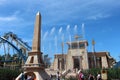 View over the square obelisk and temple at the roller coaster Osiris in Park Asterix, Ile de France, France