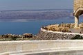 View over the terrace of the museum at the Dead Sea in Jordan with the mountains of Israel on the opposite bank Royalty Free Stock Photo