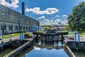 A view over a three locks network on the Leeds, Liverpool canal at Bingley, Yorkshire, UK Royalty Free Stock Photo