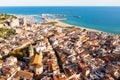 View over the town, beach and the fishing harbor of Arenys de Mar. on the mediterranean coast near Barcelona