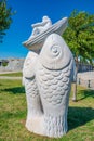 View over traditional Turkish sculptures depicting people and animals in Antalya city center, near Mediterranean seacoast, Antalya