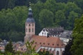 View over the water paradise, to the old town with Stiftskirche church in Baden-Baden Royalty Free Stock Photo