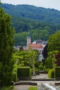 View over the water paradise, to the old town with Stiftskirche church in Baden-Baden Royalty Free Stock Photo