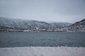 Tromso Harbour and Arctic Cathedral at dusk, Norway