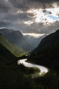 View over the winding road through the Hjelledalen valley in Norway