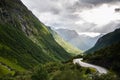 View over the winding road through the Hjelledalen valley in Norway