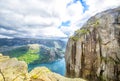 View over the world famous Preikestolen - or pulpit rock - over the Lysefjord.