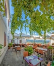 View from an overgrown and decorated terrace in Motovun over the surrounding countryside during the day Royalty Free Stock Photo