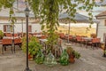 View from an overgrown and decorated terrace in Motovun over the surrounding countryside during the day Royalty Free Stock Photo