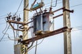 View of overhead electrical transformer in rural area India