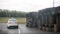 View of an overturned truck on highway in accident. Royalty Free Stock Photo