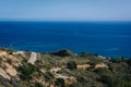 View of the Pacific Ocean and curves on Decker Canyon Road, in M