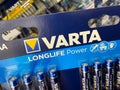View on package Varta longlife batteries in front of shelf of german supermarket Royalty Free Stock Photo