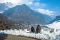 View of pahalgam town village, kashmiri people walking, Kashmir