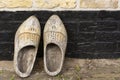 View on a pair of traditional vintage Dutch old decorated wooden shoes Royalty Free Stock Photo