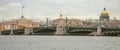 View of the Palace bridge, the Admiralty spire and the dome of St. Isaac`s Cathedral from the right Bank of the Neva river Royalty Free Stock Photo