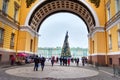 View of Palace Square with the Christmas tree through the Arch of the General Staff Building, Saint Petersburg. Russia Royalty Free Stock Photo