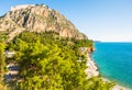 View of Palamidi fortress in Nafplio on rocky hill and beautiful beach with blue water in Greece Royalty Free Stock Photo