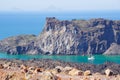 View of Palea Kameni island from volcano in Nea Kameni near Santorini, Greece