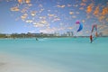 View on Palm Beach at Aruba island in the Caribbean Sea at sunset Royalty Free Stock Photo