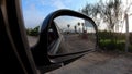 View of palm trees and a sunny day through the rearview mirror of a car. Royalty Free Stock Photo