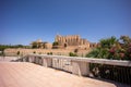 View of Palma de Majorca's cathedral and Palace of La Almudaina on a sunny day with stairs in the foreground Royalty Free Stock Photo