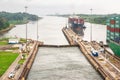 View on the Panama Canal locks with water cascades Royalty Free Stock Photo