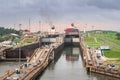 View on the Panama Canal locks with water cascades Royalty Free Stock Photo