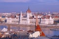 Panorama with building of Hungarian parliament at Danube river in Budapest