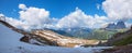 view from panorama hiking trail to Pordoijoch and Langkofel mountain group, south tyrol Royalty Free Stock Photo