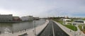 View Panorama of Moskva river, Moskvoretskaya Embankment and Kremlin from new floating bridge in Zaryadye park, Moscow, Russia Royalty Free Stock Photo