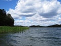 View at Panorama of Tranquil Lake with Trees and Clouds