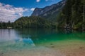 View of paradise Tovel lake in Trentino during summer day