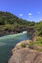 Aerial view of the rapids of the Paranapanema river called Garganta do Diabo in the city of Piraju