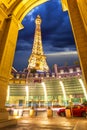 View of the Paris Effel Tower at dusk, The Strip, Las Vegas Boulevard, Las Vegas, Nevada, USA, North America