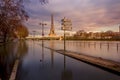 View of Paris flood as river Seine rises and approaches record level. Eiffel tower in background Royalty Free Stock Photo