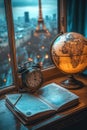 View from a Parisian window with a globe and an alarm clock set against the backdrop of the Eiffel Tower during twilight Royalty Free Stock Photo